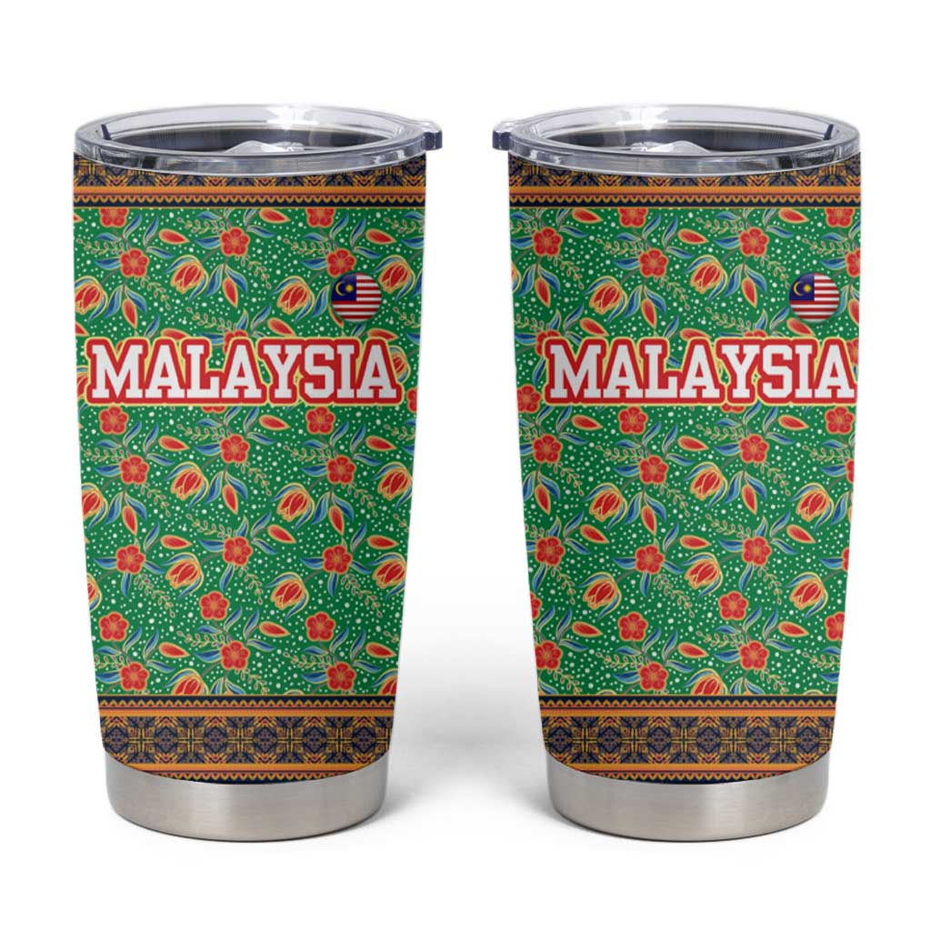 Traditional Malaysian Batik Floral Tumbler Cup with Green Tulip and Red Blossom Pattern