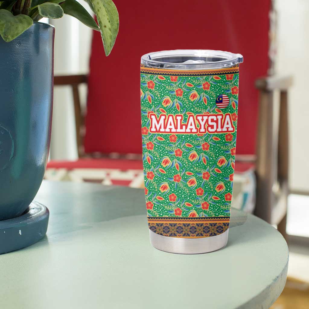 Traditional Malaysian Batik Floral Tumbler Cup with Green Tulip and Red Blossom Pattern
