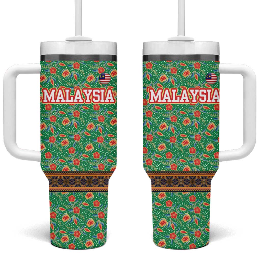 Traditional Malaysian Batik Floral Tumbler With Handle with Green Tulip and Red Blossom Pattern
