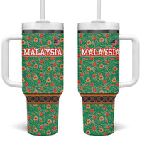 Traditional Malaysian Batik Floral Tumbler With Handle with Green Tulip and Red Blossom Pattern