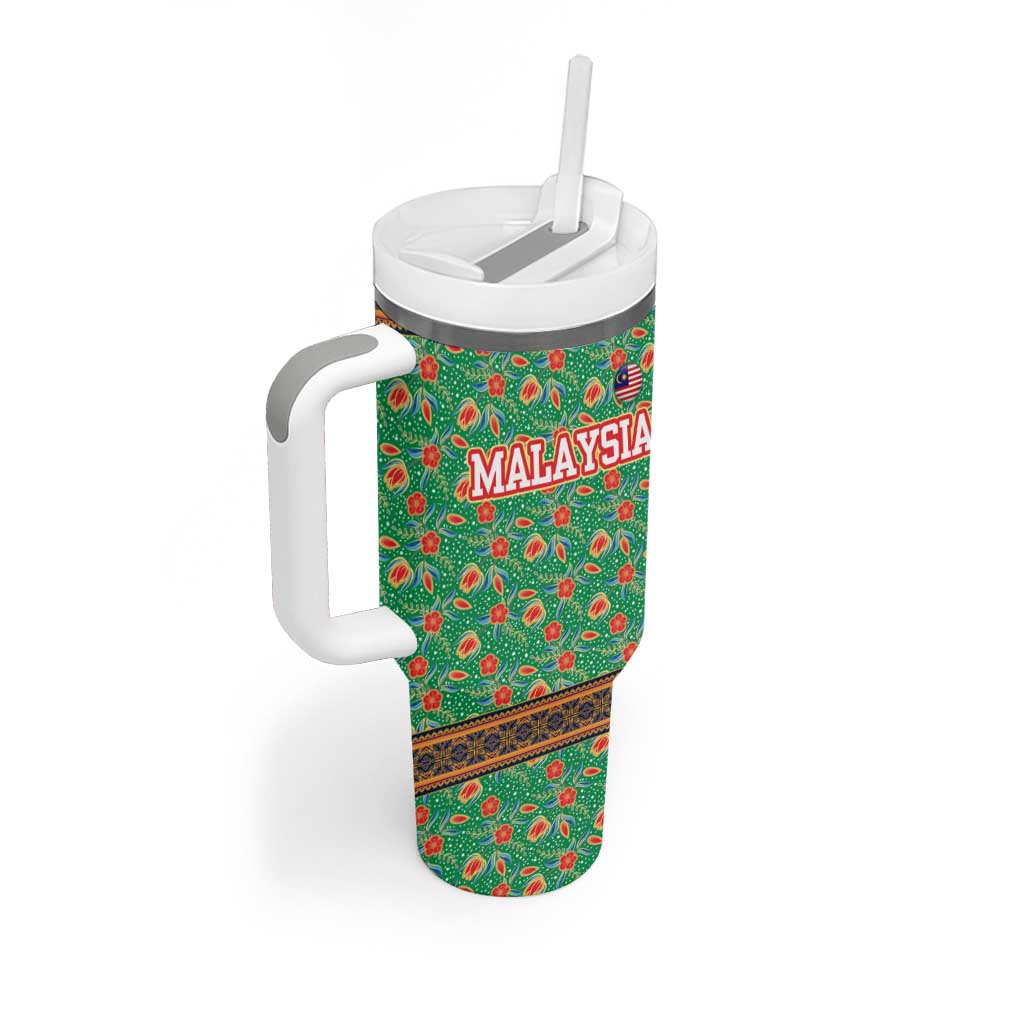 Traditional Malaysian Batik Floral Tumbler With Handle with Green Tulip and Red Blossom Pattern