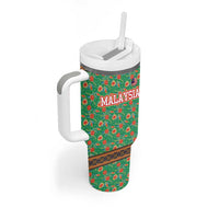 Traditional Malaysian Batik Floral Tumbler With Handle with Green Tulip and Red Blossom Pattern