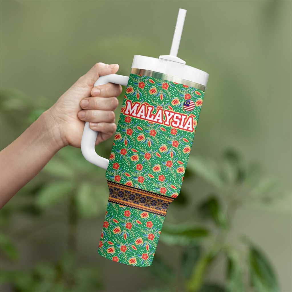 Traditional Malaysian Batik Floral Tumbler With Handle with Green Tulip and Red Blossom Pattern