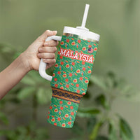 Traditional Malaysian Batik Floral Tumbler With Handle with Green Tulip and Red Blossom Pattern