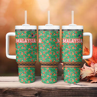 Traditional Malaysian Batik Floral Tumbler With Handle with Green Tulip and Red Blossom Pattern