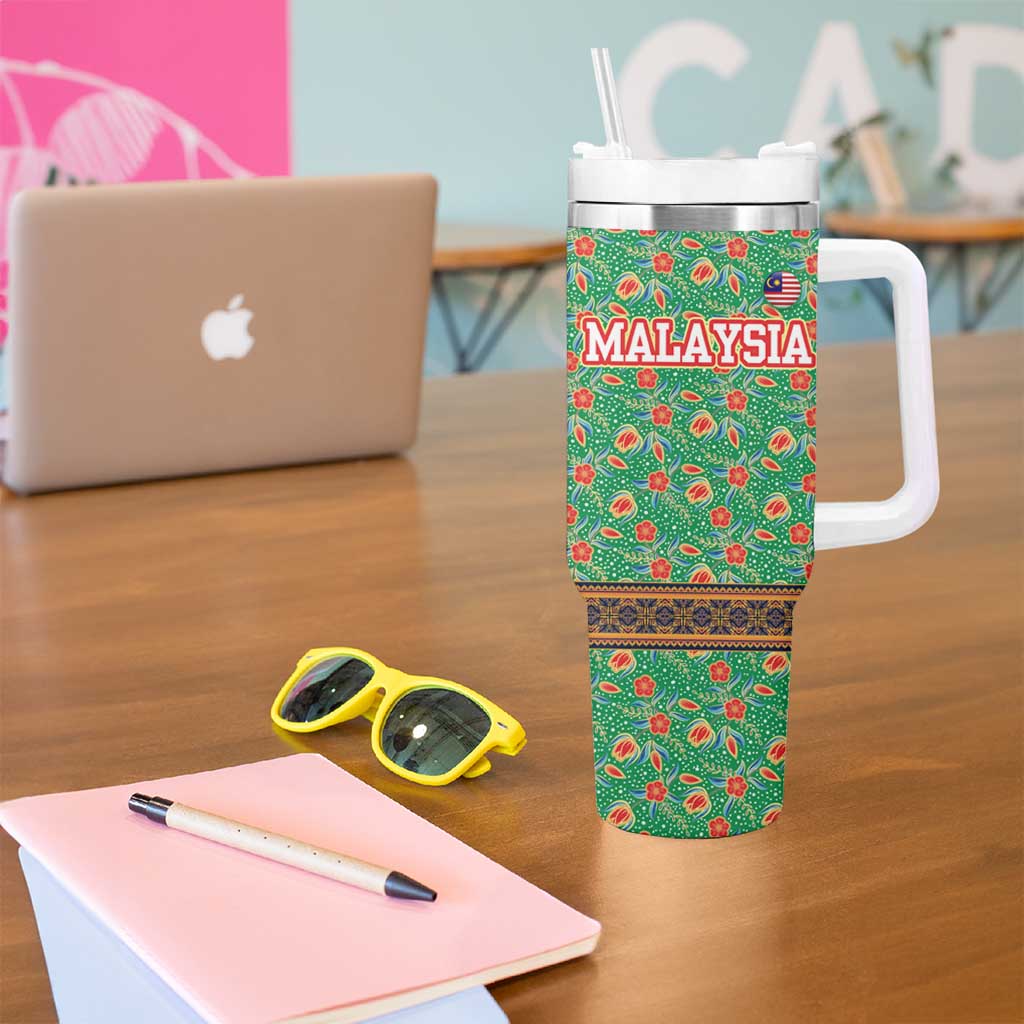 Traditional Malaysian Batik Floral Tumbler With Handle with Green Tulip and Red Blossom Pattern