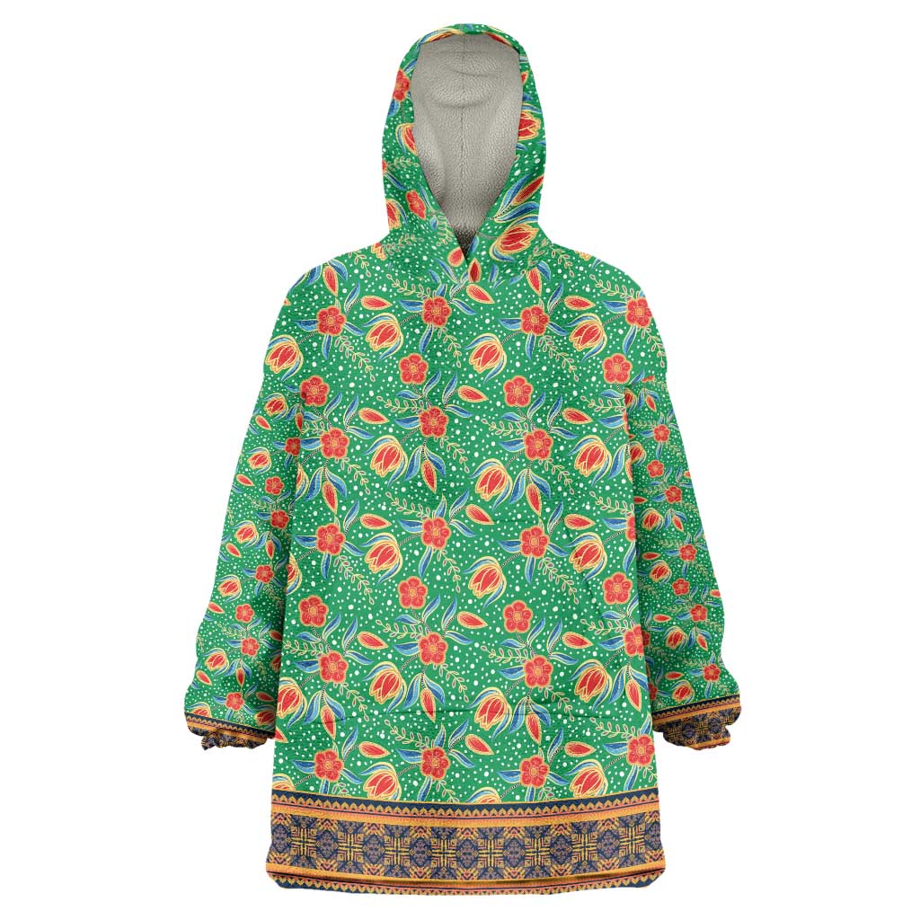 Traditional Malaysian Batik Floral Wearable Blanket Hoodie with Green Tulip and Red Blossom Pattern