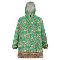 Traditional Malaysian Batik Floral Wearable Blanket Hoodie with Green Tulip and Red Blossom Pattern
