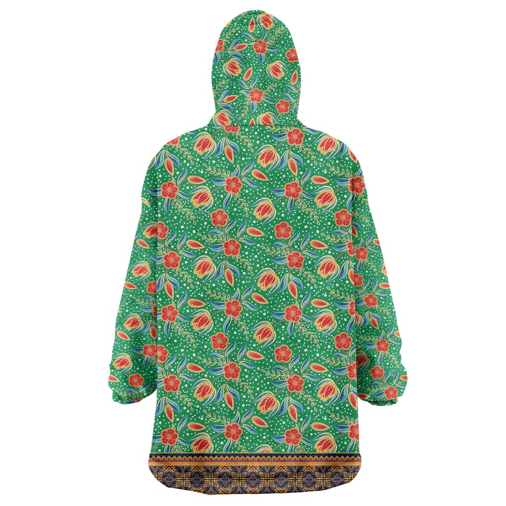 Traditional Malaysian Batik Floral Wearable Blanket Hoodie with Green Tulip and Red Blossom Pattern