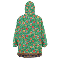 Traditional Malaysian Batik Floral Wearable Blanket Hoodie with Green Tulip and Red Blossom Pattern