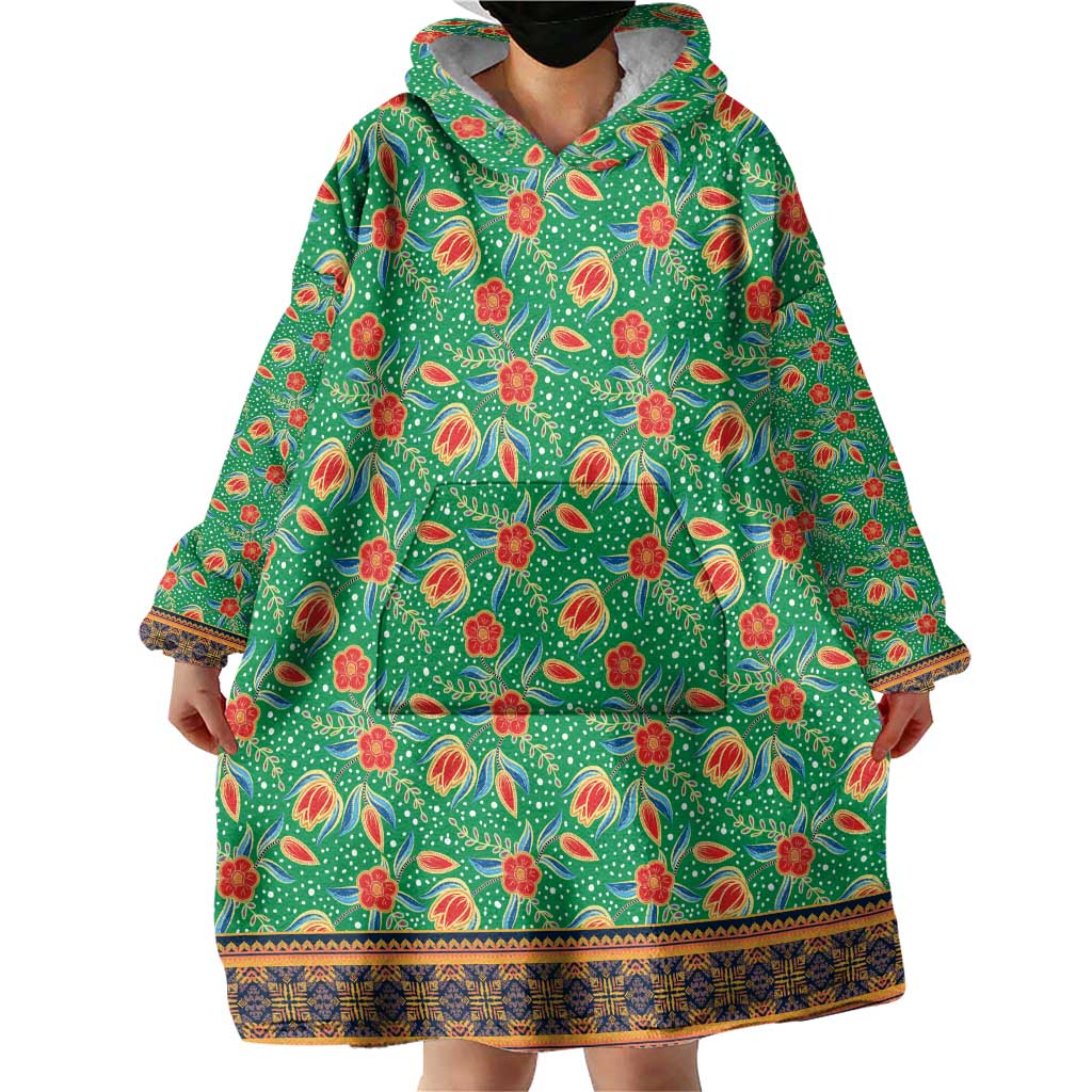 Traditional Malaysian Batik Floral Wearable Blanket Hoodie with Green Tulip and Red Blossom Pattern