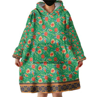 Traditional Malaysian Batik Floral Wearable Blanket Hoodie with Green Tulip and Red Blossom Pattern