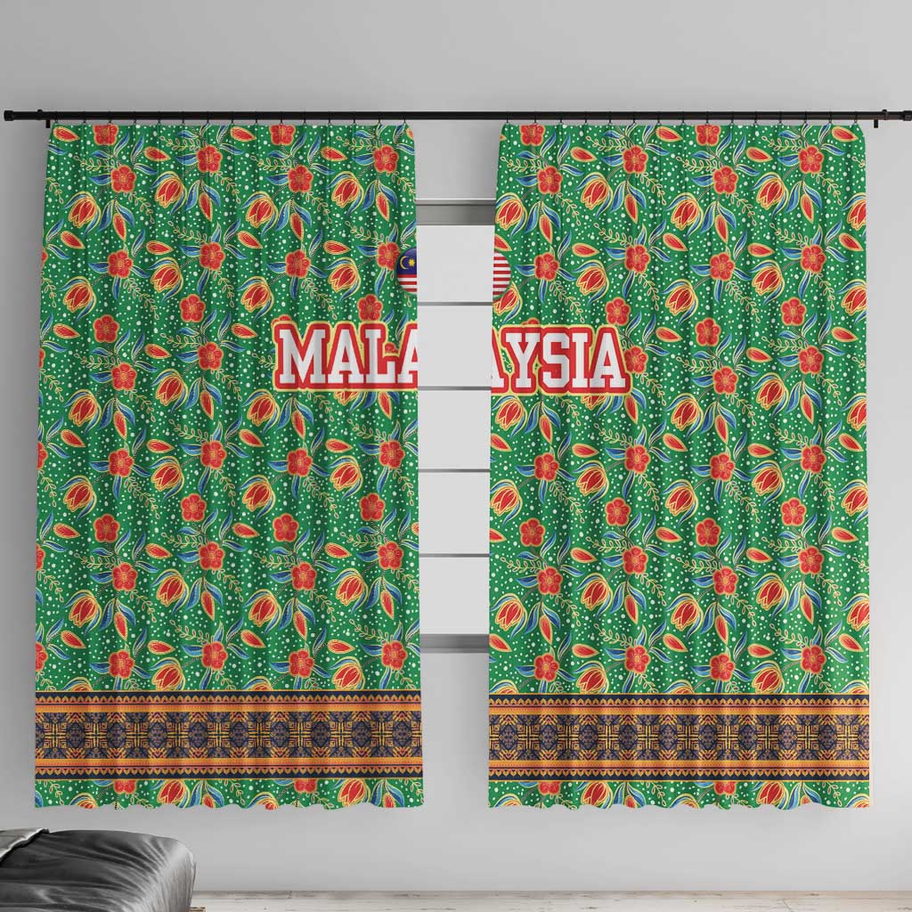 Traditional Malaysian Batik Floral Window Curtain with Green Tulip and Red Blossom Pattern