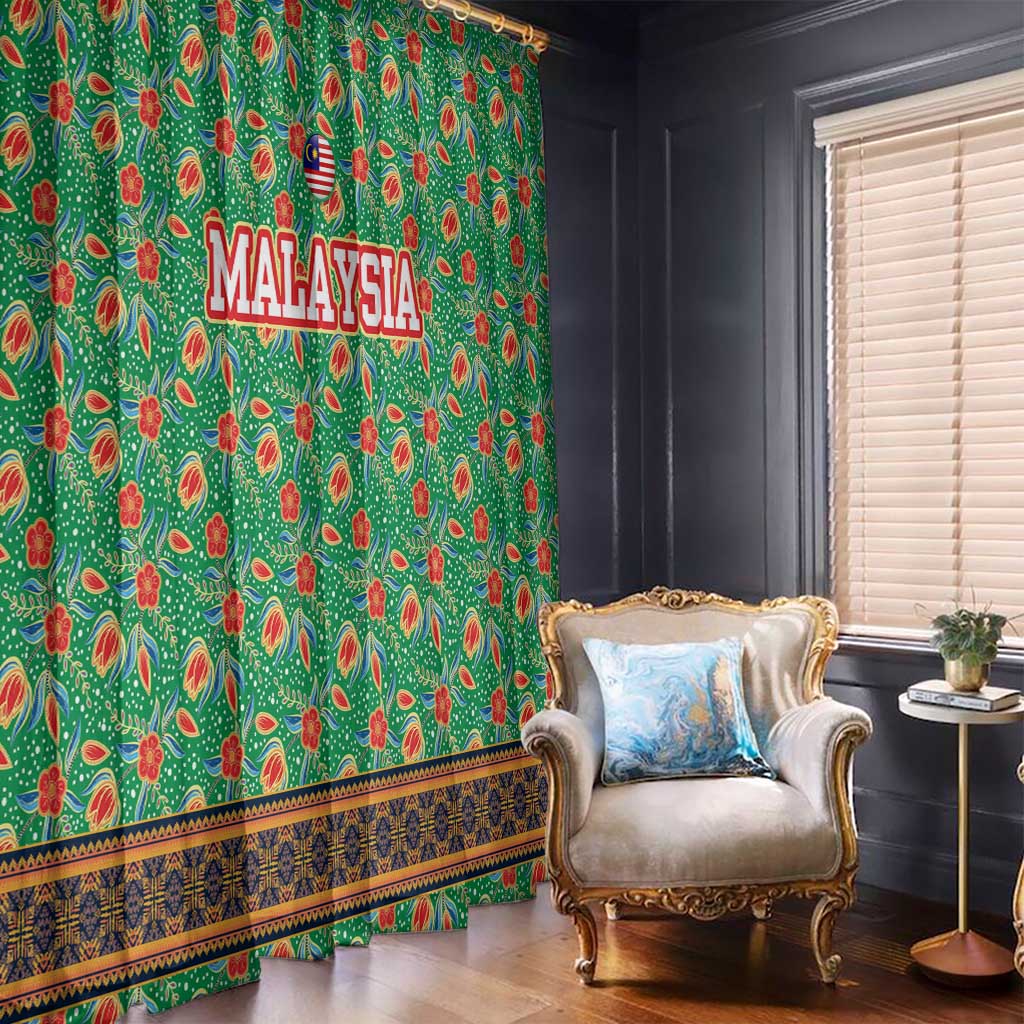 Traditional Malaysian Batik Floral Window Curtain with Green Tulip and Red Blossom Pattern
