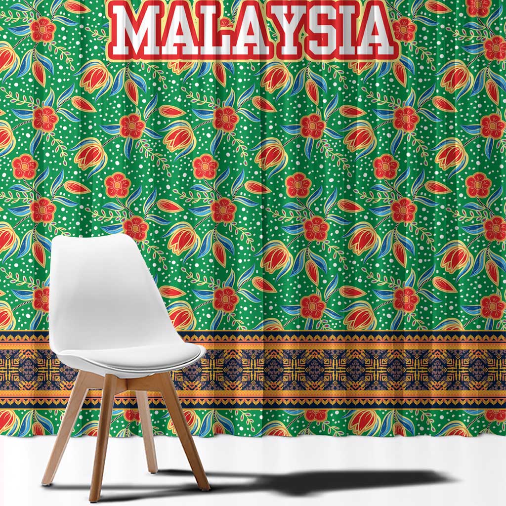 Traditional Malaysian Batik Floral Window Curtain with Green Tulip and Red Blossom Pattern
