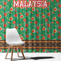 Traditional Malaysian Batik Floral Window Curtain with Green Tulip and Red Blossom Pattern