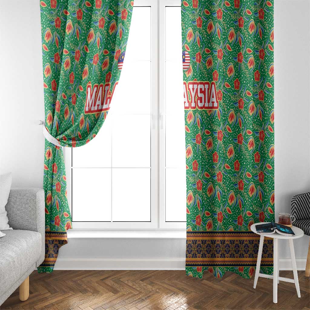 Traditional Malaysian Batik Floral Window Curtain with Green Tulip and Red Blossom Pattern