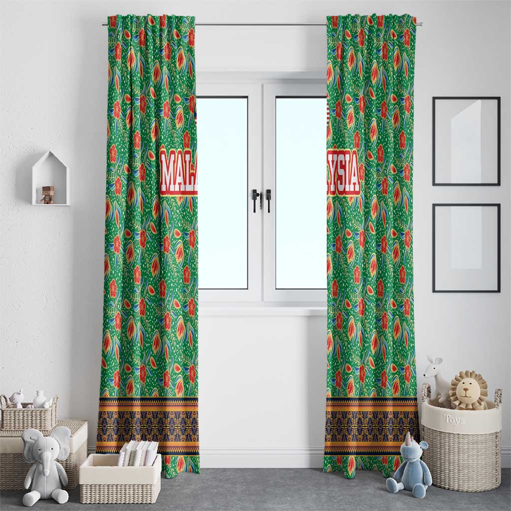 Traditional Malaysian Batik Floral Window Curtain with Green Tulip and Red Blossom Pattern