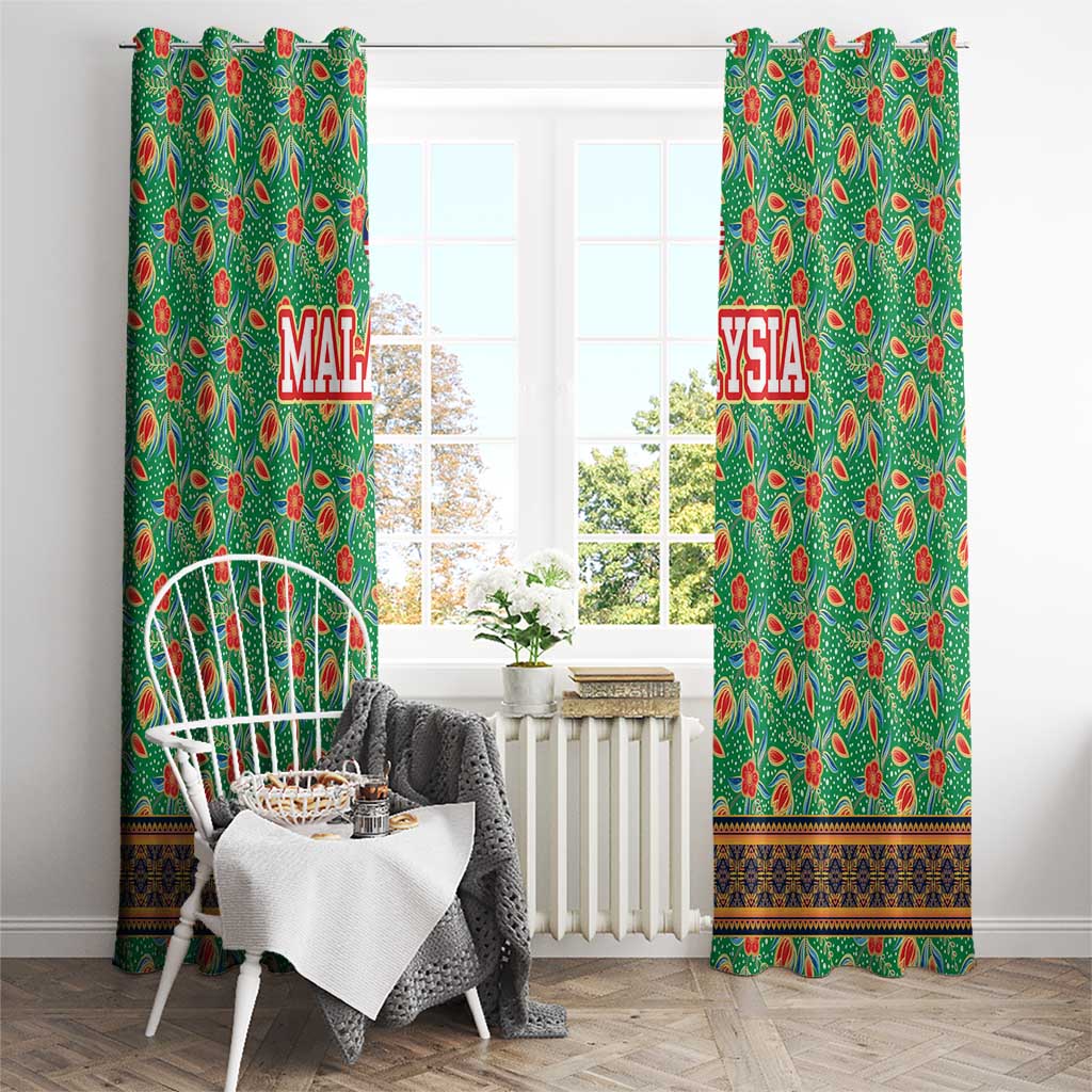 Traditional Malaysian Batik Floral Window Curtain with Green Tulip and Red Blossom Pattern