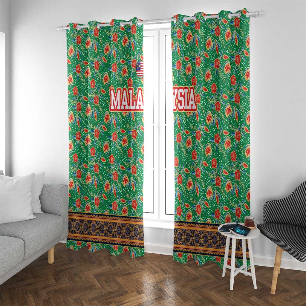 Traditional Malaysian Batik Floral Window Curtain with Green Tulip and Red Blossom Pattern