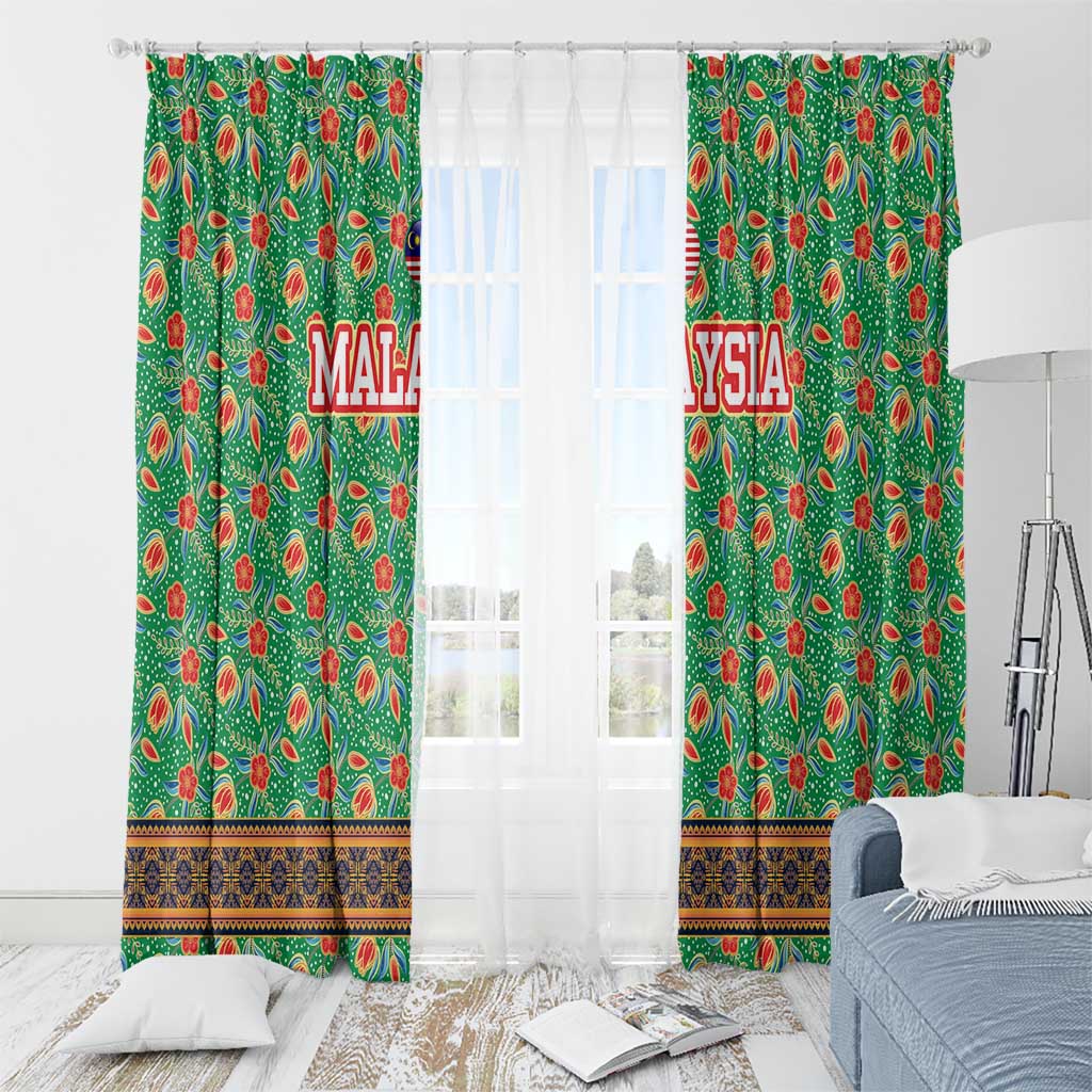 Traditional Malaysian Batik Floral Window Curtain with Green Tulip and Red Blossom Pattern