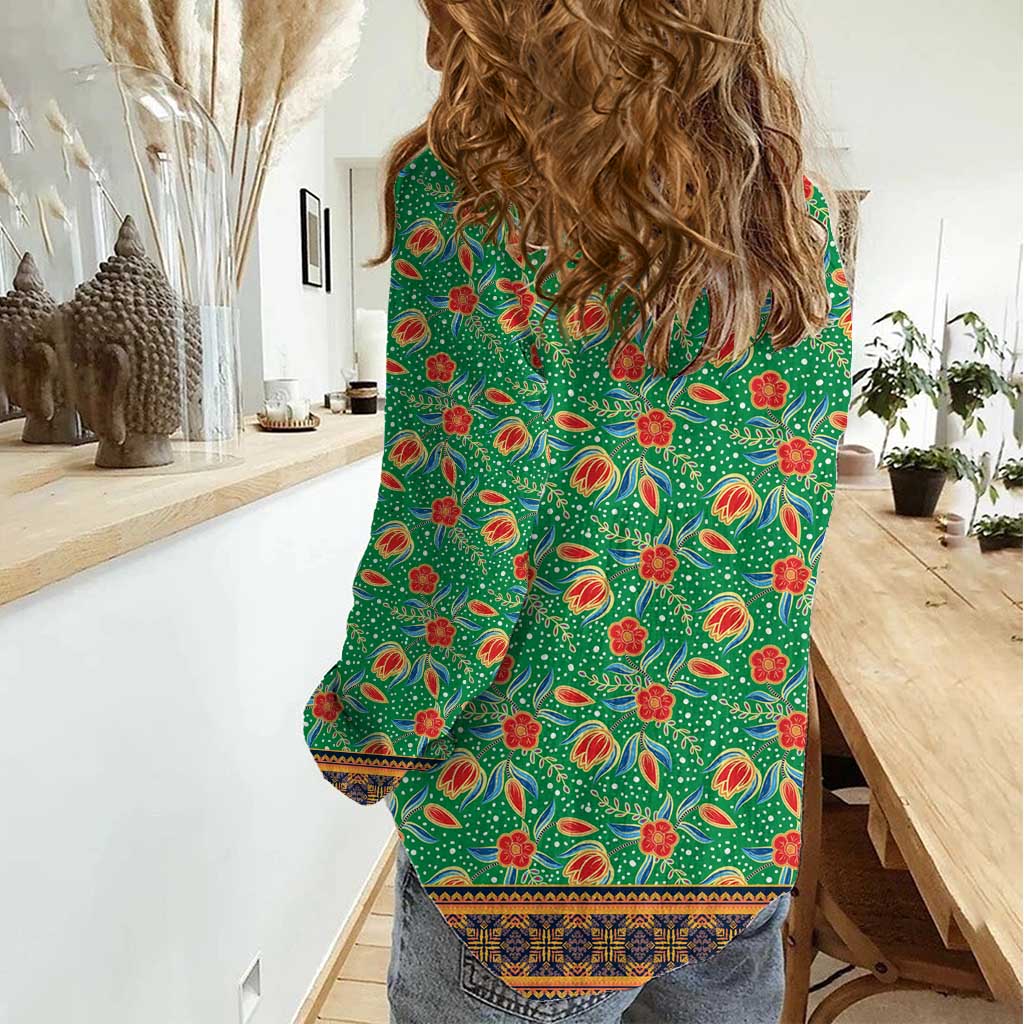 Traditional Malaysian Batik Floral Women Casual Shirt with Green Tulip and Red Blossom Pattern