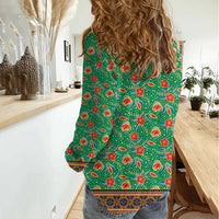 Traditional Malaysian Batik Floral Women Casual Shirt with Green Tulip and Red Blossom Pattern