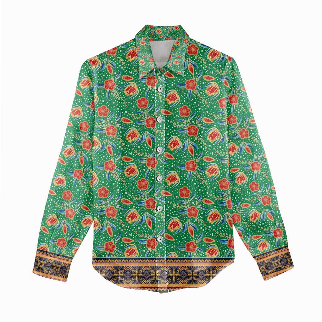 Traditional Malaysian Batik Floral Women Casual Shirt with Green Tulip and Red Blossom Pattern