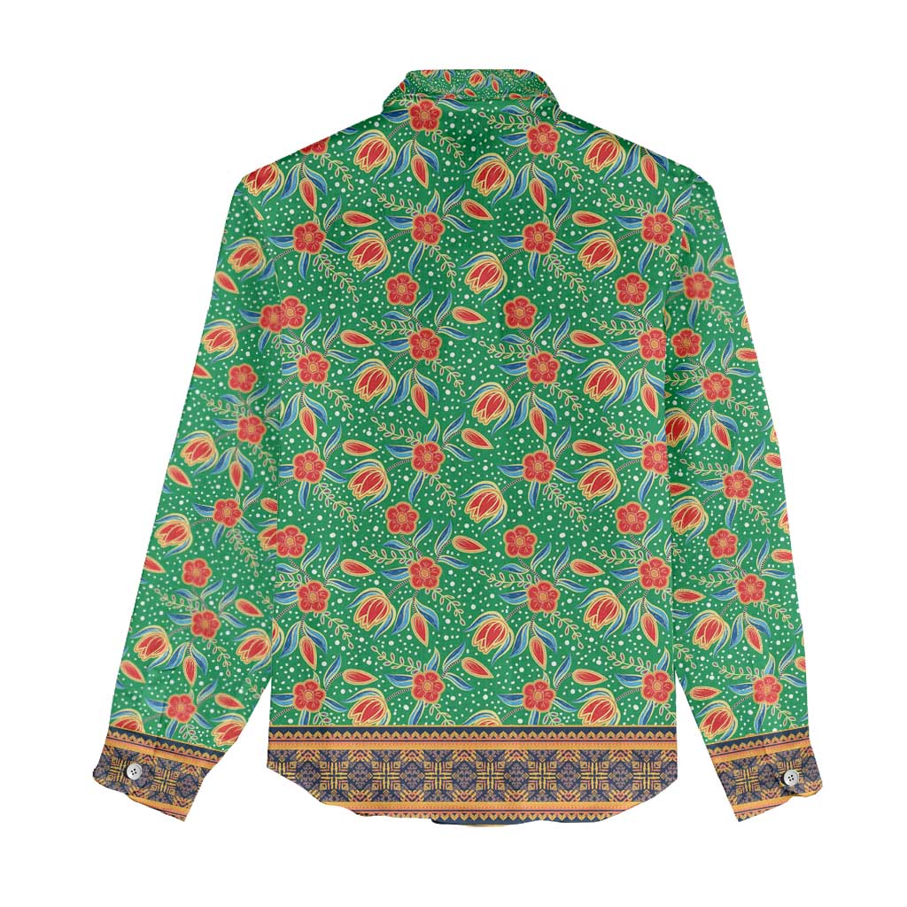 Traditional Malaysian Batik Floral Women Casual Shirt with Green Tulip and Red Blossom Pattern