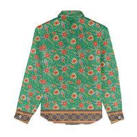 Traditional Malaysian Batik Floral Women Casual Shirt with Green Tulip and Red Blossom Pattern