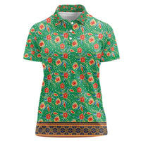 Traditional Malaysian Batik Floral Women Polo Shirt with Green Tulip and Red Blossom Pattern