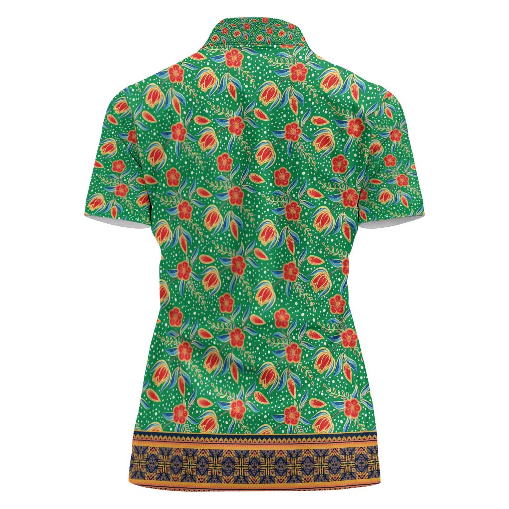 Traditional Malaysian Batik Floral Women Polo Shirt with Green Tulip and Red Blossom Pattern