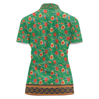 Traditional Malaysian Batik Floral Women Polo Shirt with Green Tulip and Red Blossom Pattern