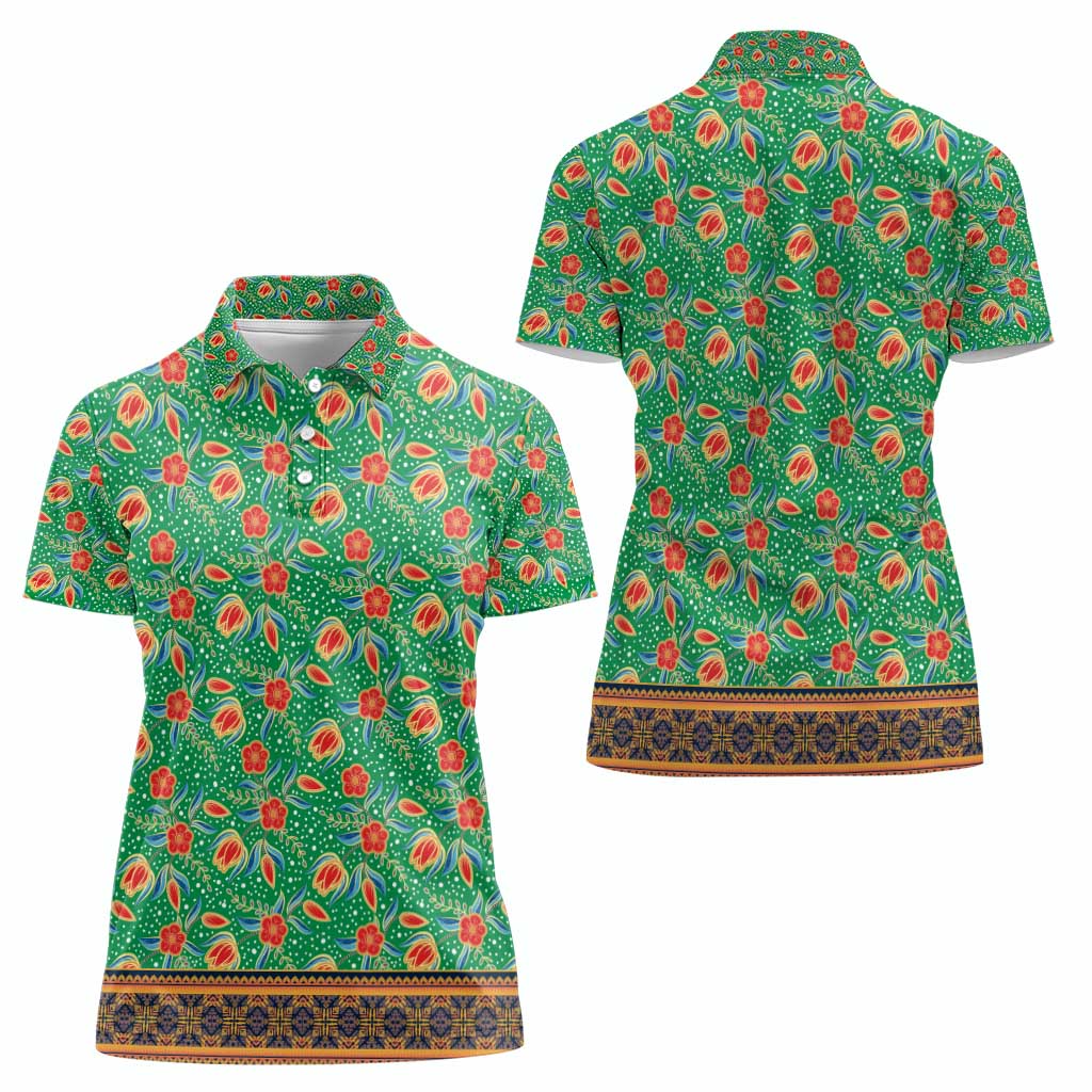 Traditional Malaysian Batik Floral Women Polo Shirt with Green Tulip and Red Blossom Pattern