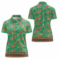 Traditional Malaysian Batik Floral Women Polo Shirt with Green Tulip and Red Blossom Pattern