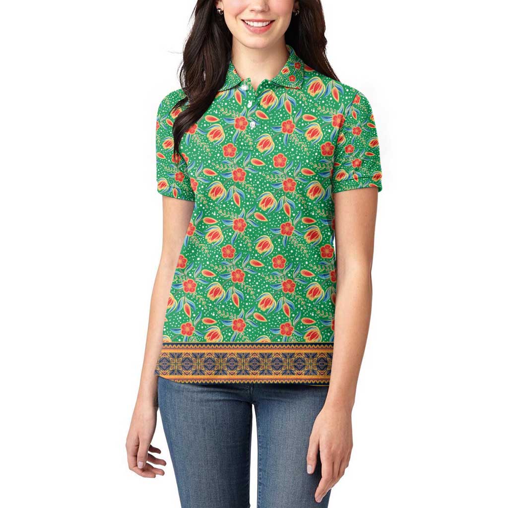 Traditional Malaysian Batik Floral Women Polo Shirt with Green Tulip and Red Blossom Pattern