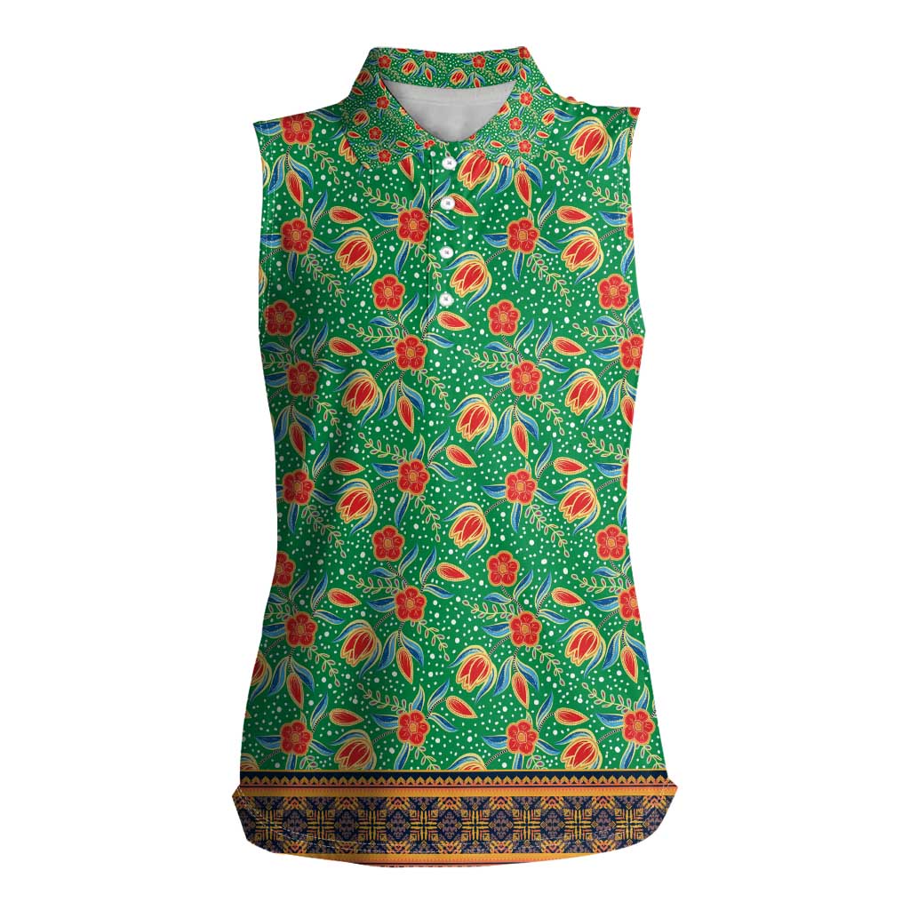 Traditional Malaysian Batik Floral Women Sleeveless Polo Shirt with Green Tulip and Red Blossom Pattern