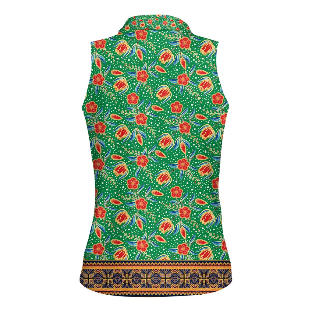 Traditional Malaysian Batik Floral Women Sleeveless Polo Shirt with Green Tulip and Red Blossom Pattern