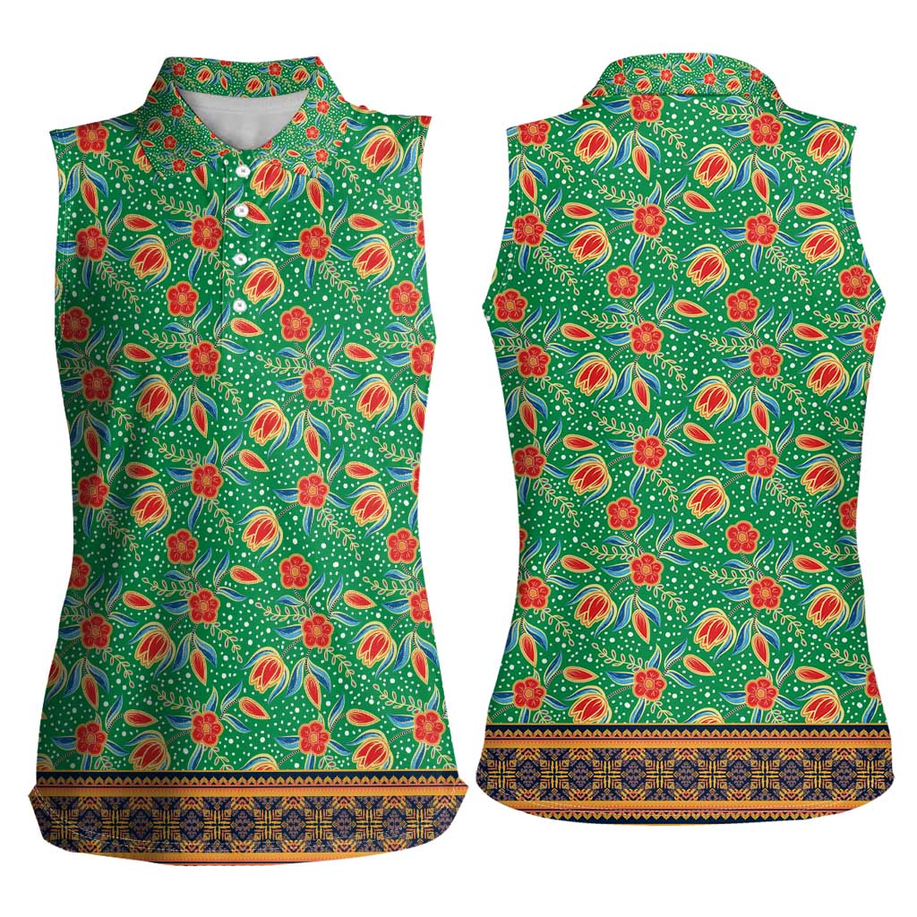 Traditional Malaysian Batik Floral Women Sleeveless Polo Shirt with Green Tulip and Red Blossom Pattern