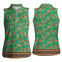 Traditional Malaysian Batik Floral Women Sleeveless Polo Shirt with Green Tulip and Red Blossom Pattern