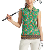 Traditional Malaysian Batik Floral Women Sleeveless Polo Shirt with Green Tulip and Red Blossom Pattern