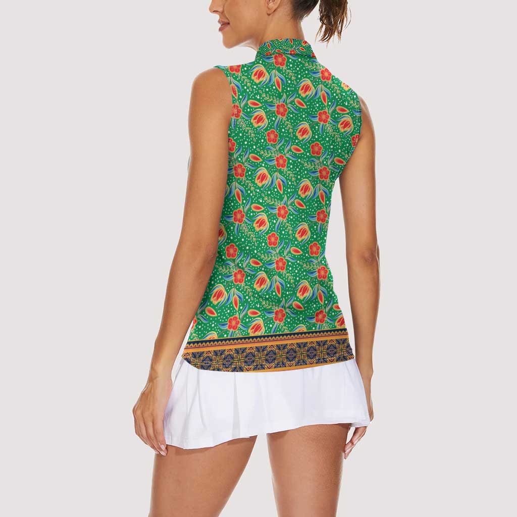 Traditional Malaysian Batik Floral Women Sleeveless Polo Shirt with Green Tulip and Red Blossom Pattern
