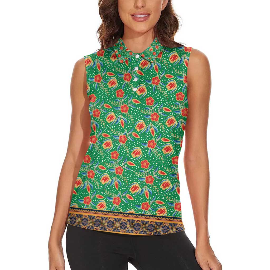 Traditional Malaysian Batik Floral Women Sleeveless Polo Shirt with Green Tulip and Red Blossom Pattern