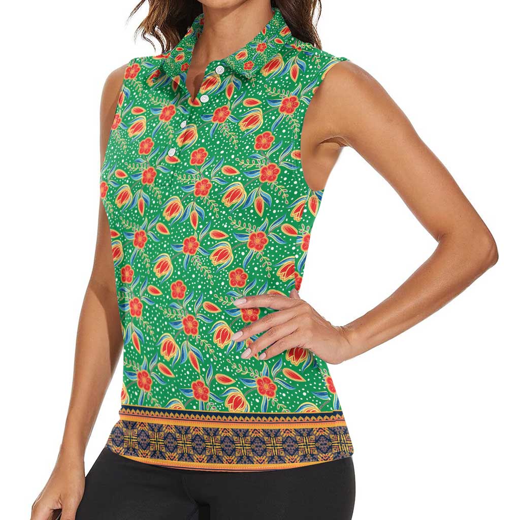 Traditional Malaysian Batik Floral Women Sleeveless Polo Shirt with Green Tulip and Red Blossom Pattern