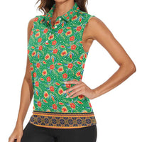 Traditional Malaysian Batik Floral Women Sleeveless Polo Shirt with Green Tulip and Red Blossom Pattern