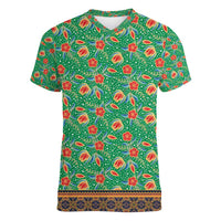 Traditional Malaysian Batik Floral Women V-Neck T-Shirt with Green Tulip and Red Blossom Pattern