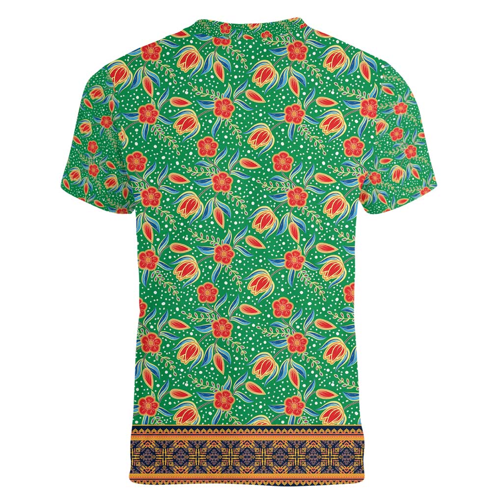 Traditional Malaysian Batik Floral Women V-Neck T-Shirt with Green Tulip and Red Blossom Pattern
