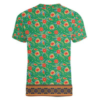 Traditional Malaysian Batik Floral Women V-Neck T-Shirt with Green Tulip and Red Blossom Pattern