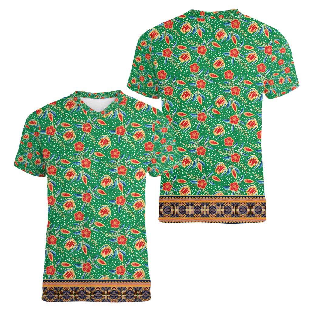 Traditional Malaysian Batik Floral Women V-Neck T-Shirt with Green Tulip and Red Blossom Pattern