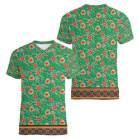 Traditional Malaysian Batik Floral Women V-Neck T-Shirt with Green Tulip and Red Blossom Pattern